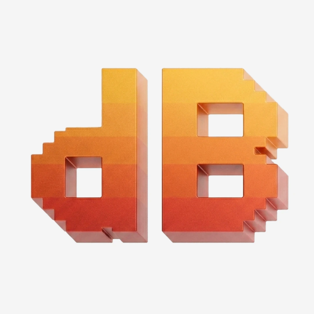 Logo pixelado de Default Bit con letras 3D en tonos naranja y rojo.