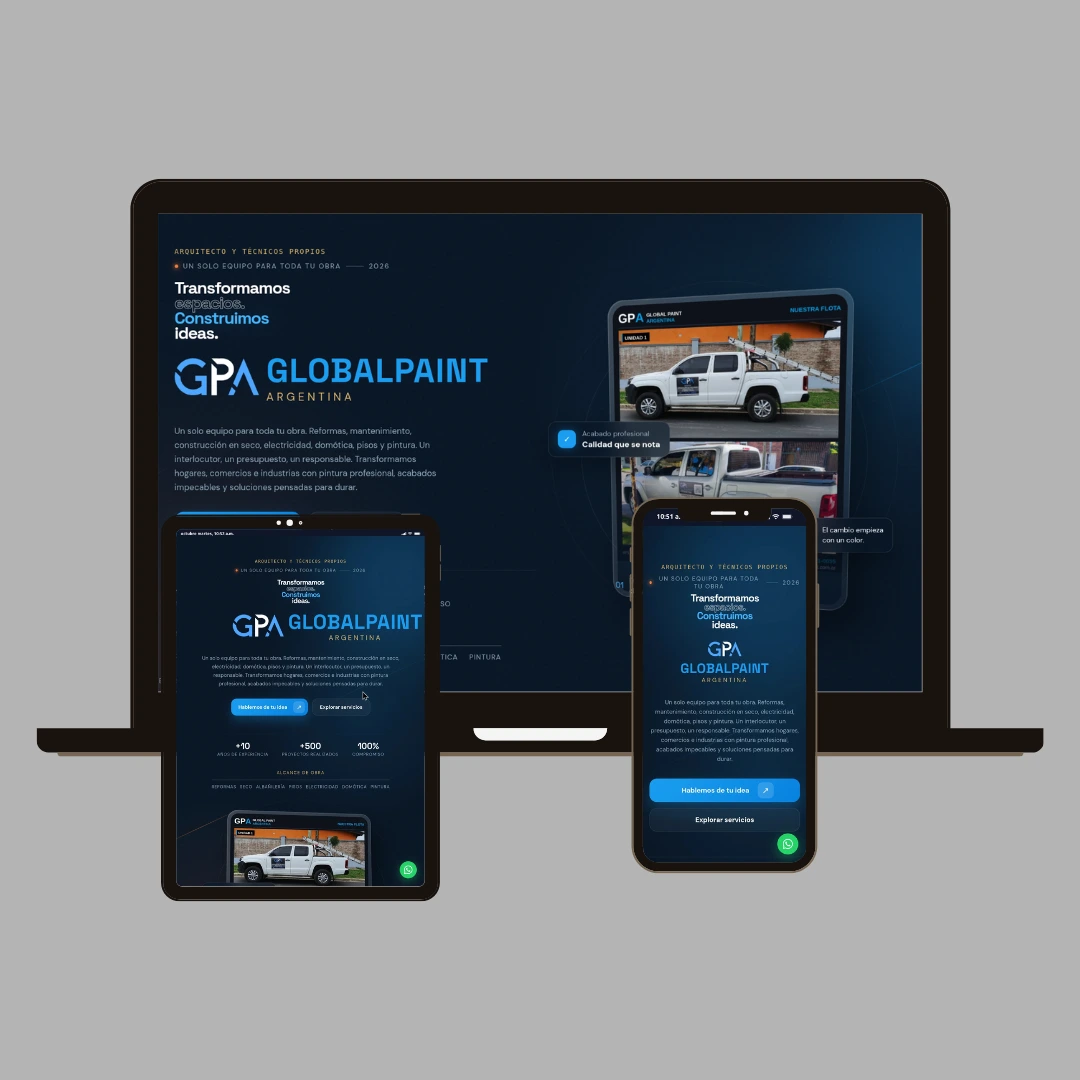 Mockup del sitio web de Global Paint en notebook y dispositivos móviles.